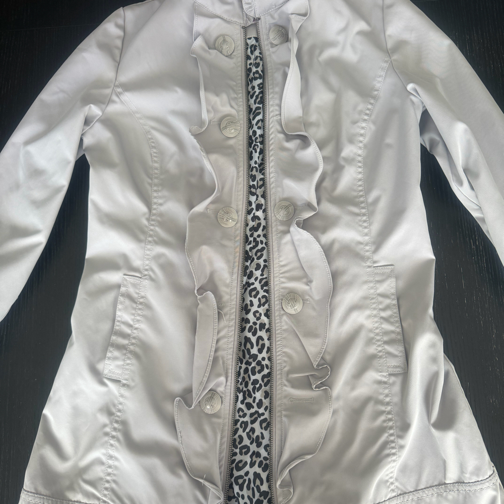Candie’s Y2K Ruffle Jacket Small Cream Leopard Print Lined Zip Front